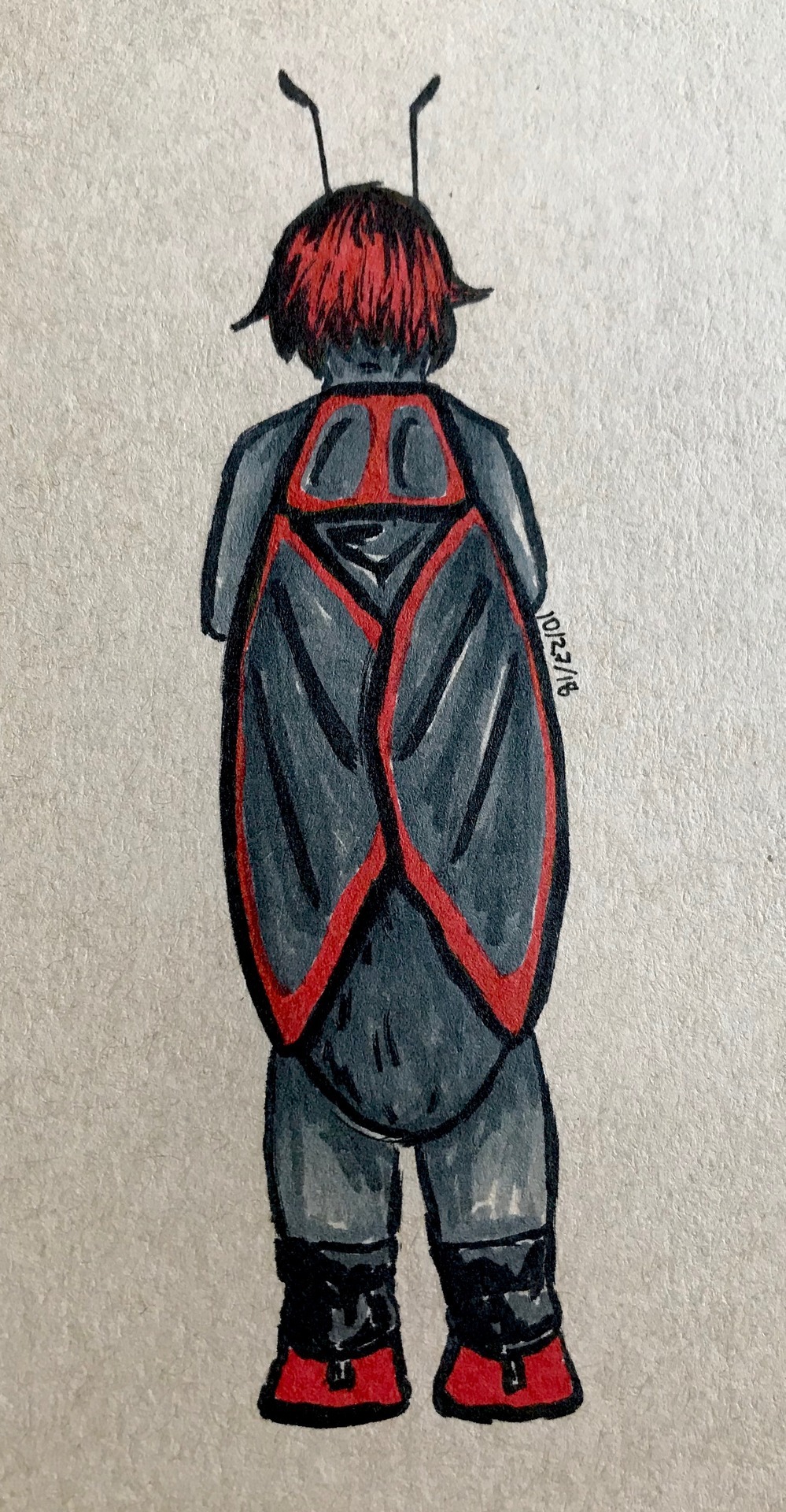 Black, grey, and red ink drawing of a humanoid girl with the wings of a box elder bug. She is seen from behind and sports red hair and black antennae.